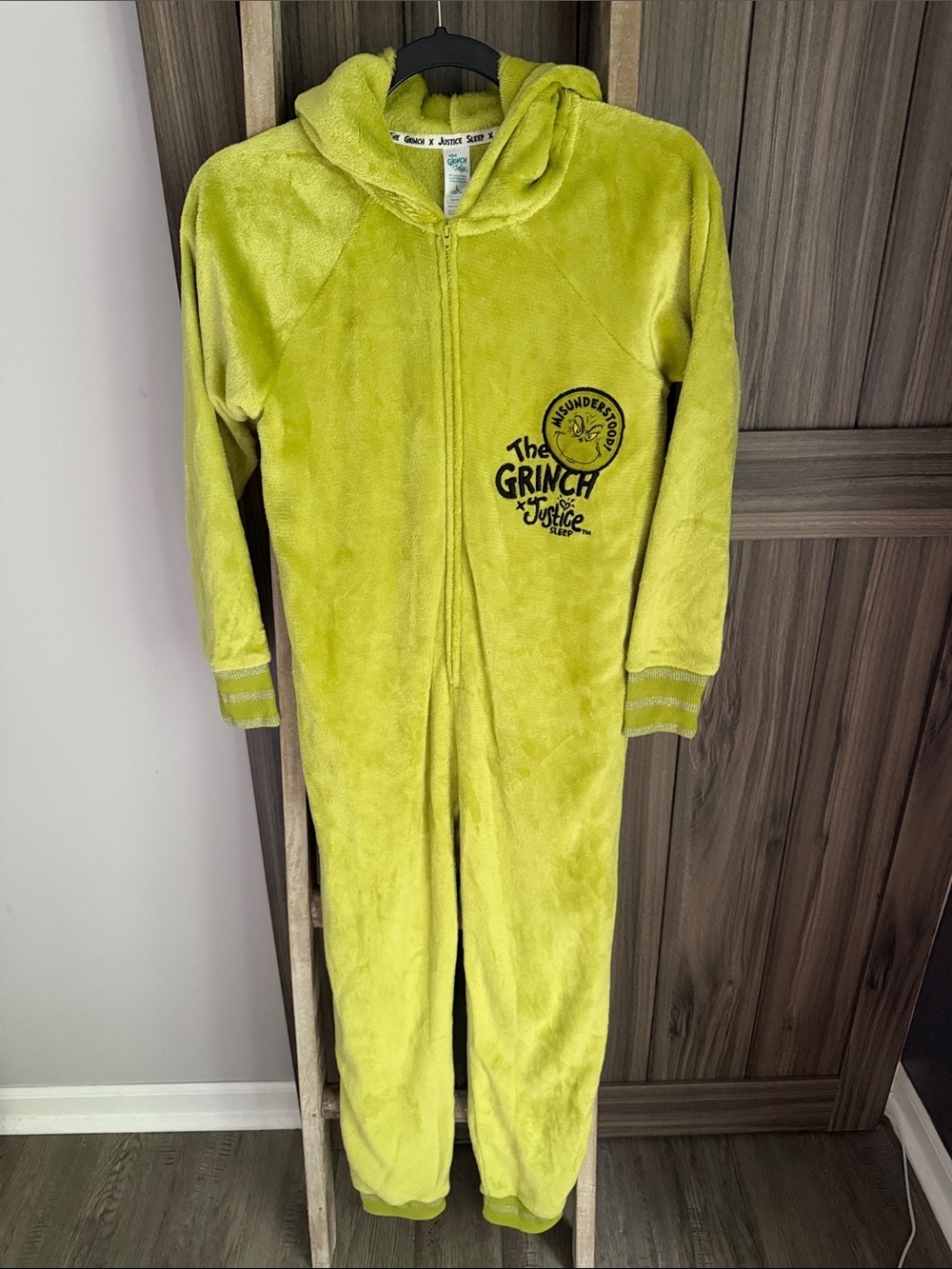 Justice The Grinch Lime Green Hooded Plush One-Piece Pajamas